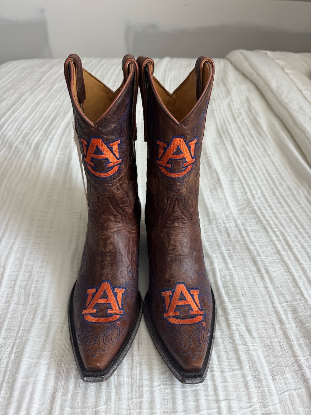 Auburn Logo Brown Leather Western Heeled Boots
